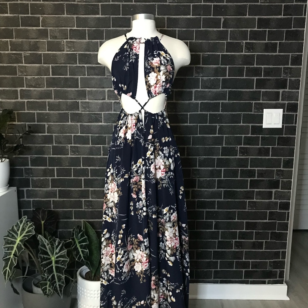 Crisscross Cut Out Front Tie Back Floral Halter Dress